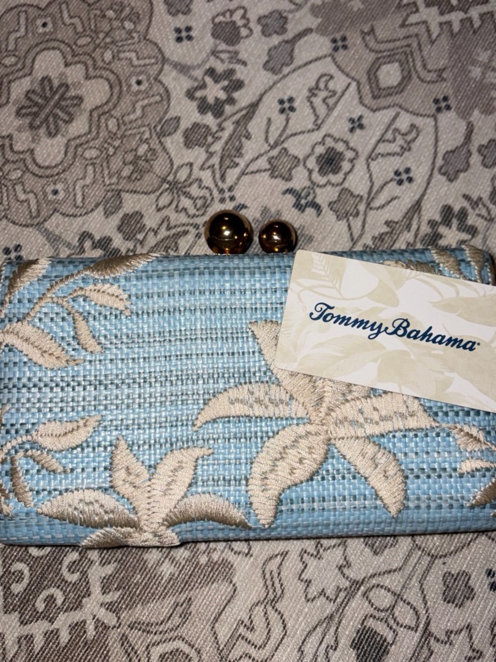 Tommy Bahama Blue and Beige Woven Floral Clutch